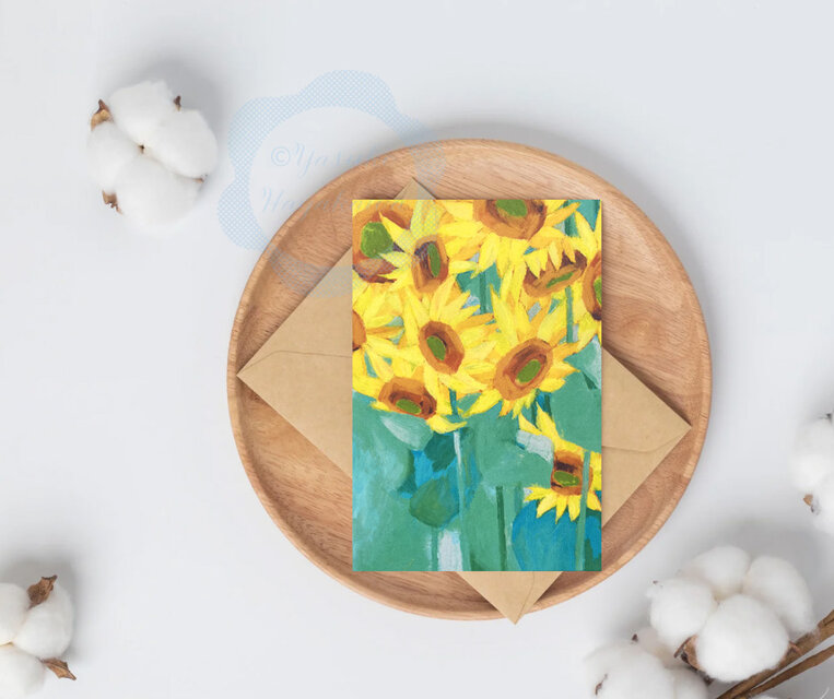 107）オイルパステルで描いた向日葵の花 ポストカード 3枚セット
