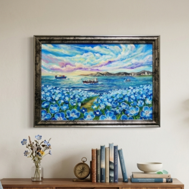 海風と、青い記憶】油絵 青い海と空 抽象画風 モダンインテリア 額縁