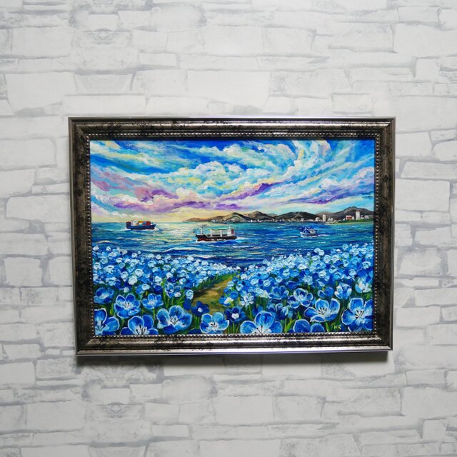海風と、青い記憶】油絵 青い海と空 抽象画風 モダンインテリア 額縁