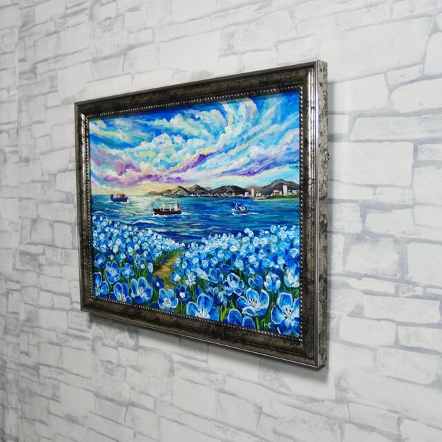 絵画　油絵　原画　青い記憶　青　グラデーション　抽象画　Ｆ8サイズ　Ｓ.Ｉ 海風と、青い記憶】油絵 青い海と空 抽象画風 モダンインテリア 額縁