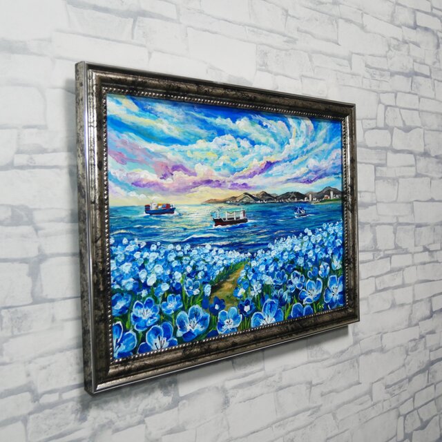 海風と、青い記憶】油絵 青い海と空 抽象画風 モダンインテリア 額縁