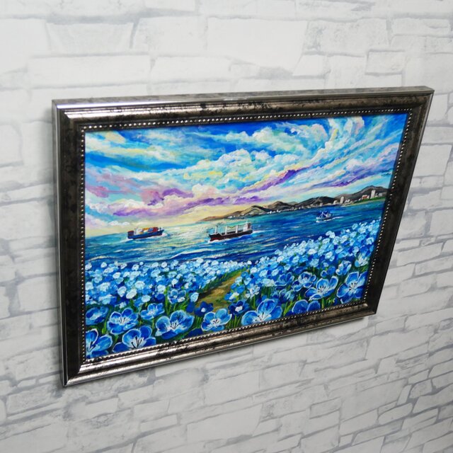 絵画　油絵　原画　青い記憶　青　グラデーション　抽象画　Ｆ8サイズ　Ｓ.Ｉ 海風と、青い記憶】油絵 青い海と空 抽象画風 モダンインテリア 額縁