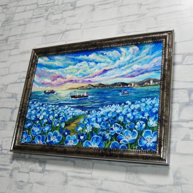海風と、青い記憶】油絵 青い海と空 抽象画風 モダンインテリア 額縁