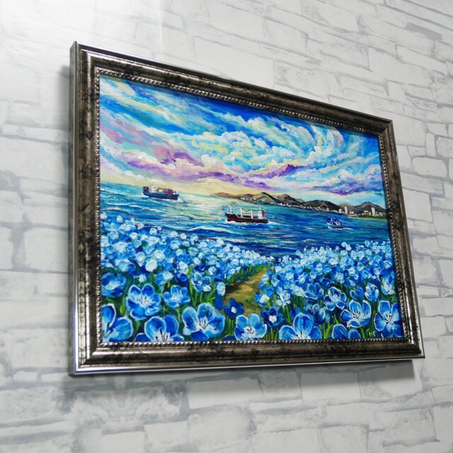 海風と、青い記憶】油絵 青い海と空 抽象画風 モダンインテリア 額縁