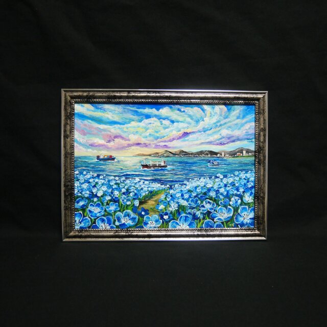 海風と、青い記憶】油絵 青い海と空 抽象画風 モダンインテリア 額縁