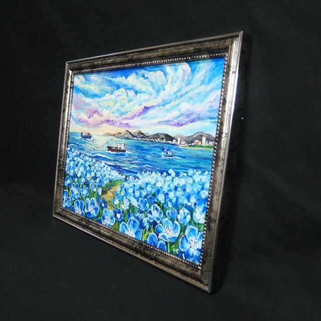海風と、青い記憶】油絵 青い海と空 抽象画風 モダンインテリア 額縁