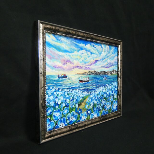 海風と、青い記憶】油絵 青い海と空 抽象画風 モダンインテリア 額縁