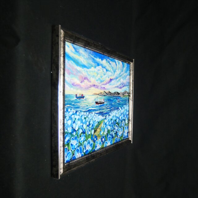 海風と、青い記憶】油絵 青い海と空 抽象画風 モダンインテリア 額縁