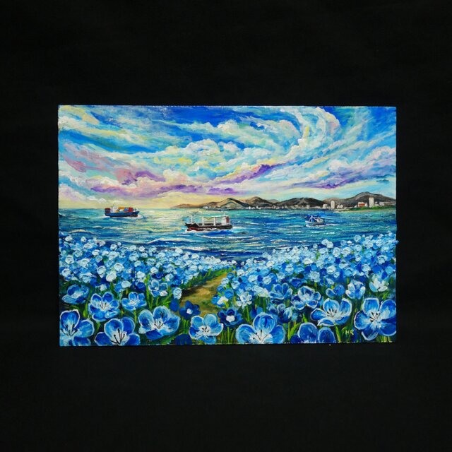 海風と、青い記憶】油絵 青い海と空 抽象画風 モダンインテリア 額縁
