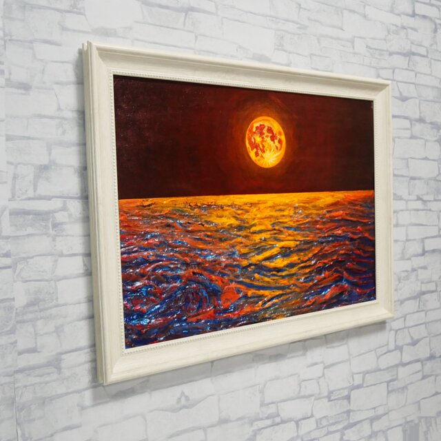 真作】油絵「豊穣のルナ・オーシャン」 月夜の海 壁掛け インテリア