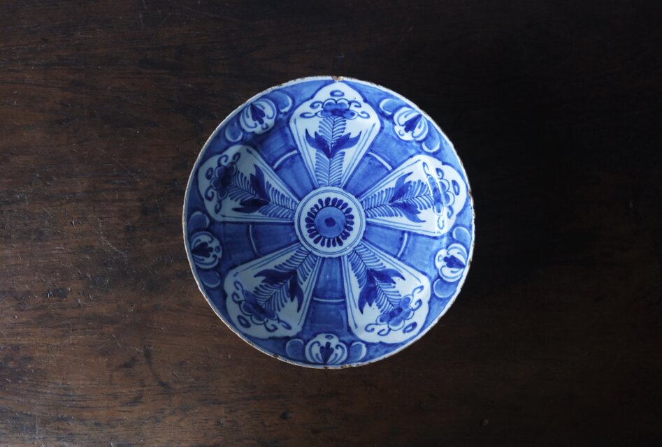 18世紀 Delft デルフト 青絵 絵皿 平皿 22.2cm アンティーク 0502571