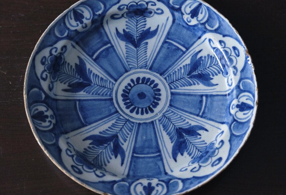 18世紀 Delft デルフト 青絵 絵皿 平皿 22.2cm アンティーク 0502571