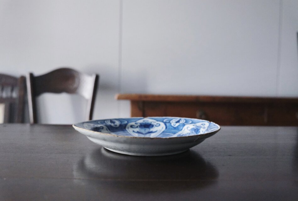 18世紀 Delft デルフト 青絵 絵皿 平皿 22.2cm アンティーク 0502571