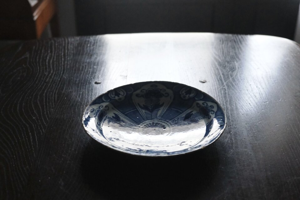 18世紀 Delft デルフト 青絵 絵皿 平皿 22.2cm アンティーク 0502571