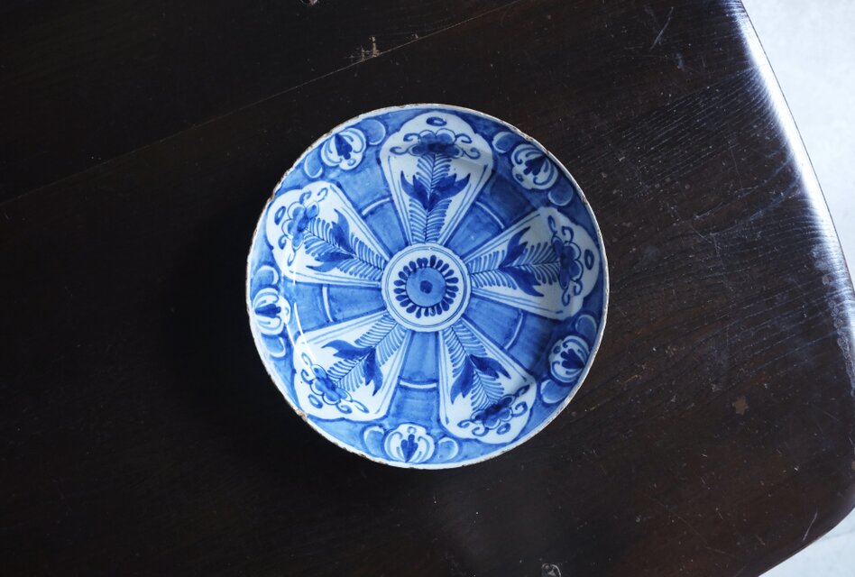 18世紀 Delft デルフト 青絵 絵皿 平皿 22.2cm アンティーク 0502571