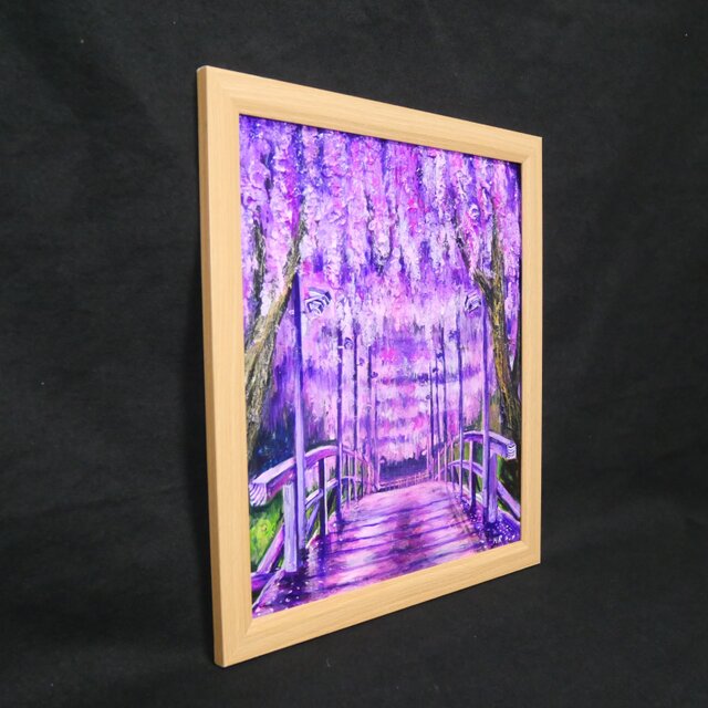 藤の橋」初夏の訪れを告げる油絵・原画：藤棚と太鼓橋の風景画（色紙