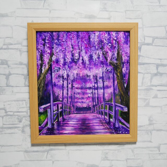 藤の橋」初夏の訪れを告げる油絵・原画：藤棚と太鼓橋の風景画（色紙