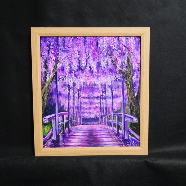銀杏と御社橋　油絵　額縁付き 藤の橋」初夏の訪れを告げる油絵・原画：藤棚と太鼓橋の風景画（色紙