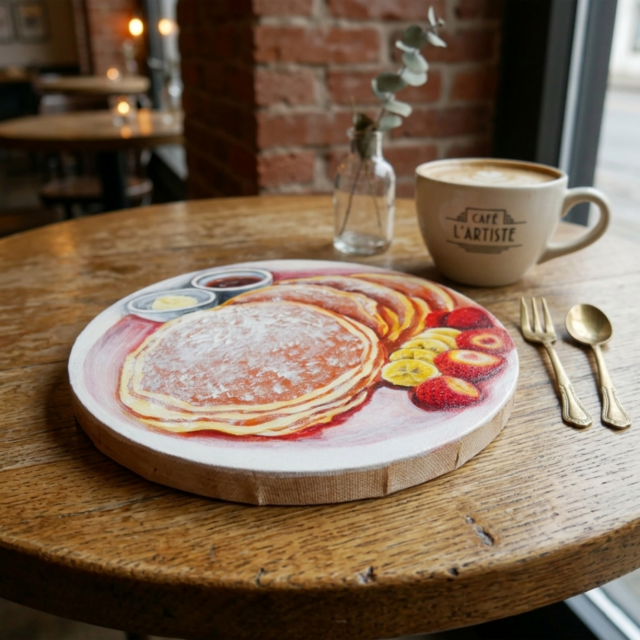 至福のひととき。甘い香りに包まれるパンケーキの油絵 カフェ風