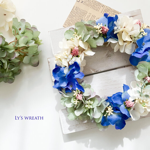 ブルー＆アースカラーの紫陽花リース | iichi 日々の暮らしを心地よく