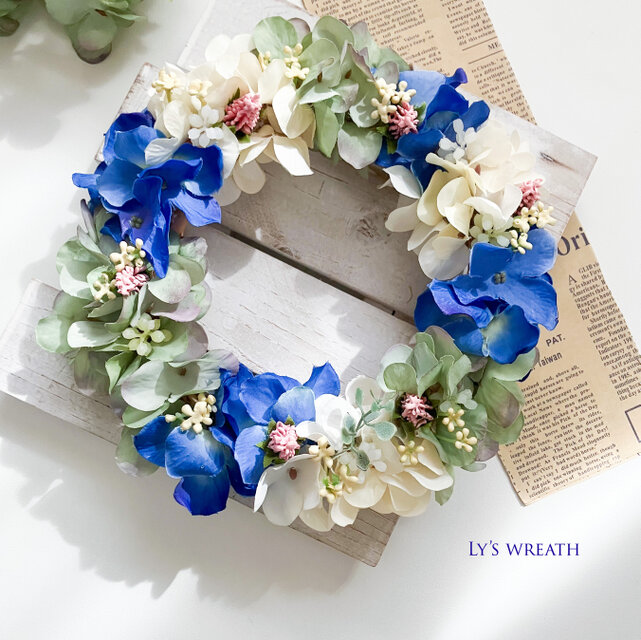 ブルー＆アースカラーの紫陽花リース | iichi 日々の暮らしを心地よく