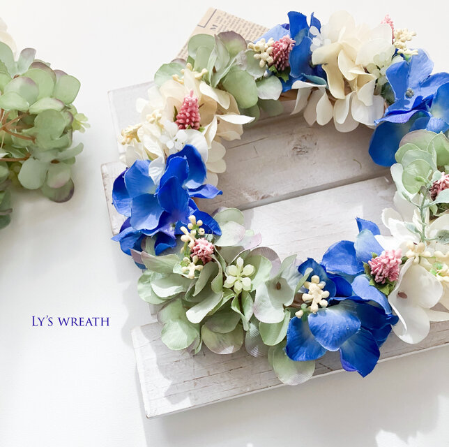 ブルー＆アースカラーの紫陽花リース | iichi 日々の暮らしを心地よく