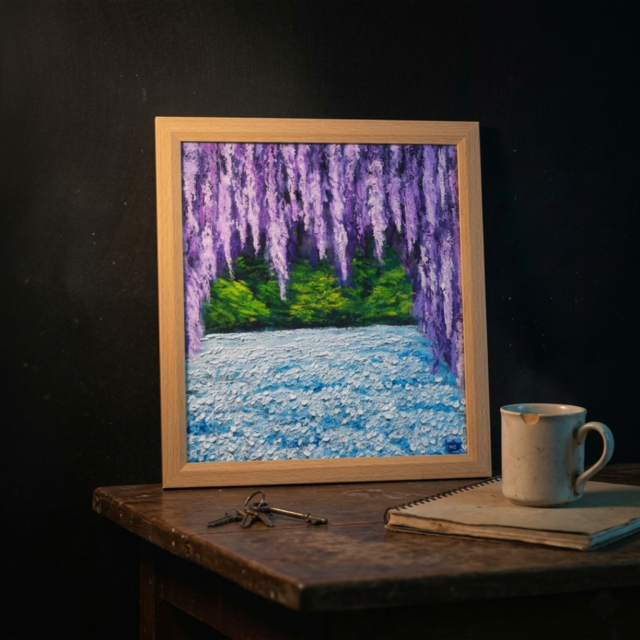 藤のカーテンを抜けて】癒やしの紫 幻想的な藤棚の油彩画 一点物