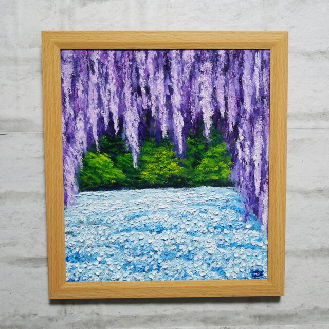藤のカーテンを抜けて】癒やしの紫 幻想的な藤棚の油彩画 一点物