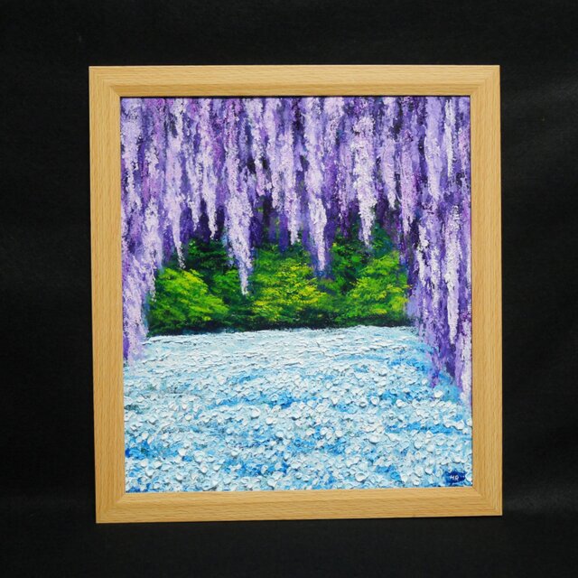 藤のカーテンを抜けて】癒やしの紫 幻想的な藤棚の油彩画 一点物