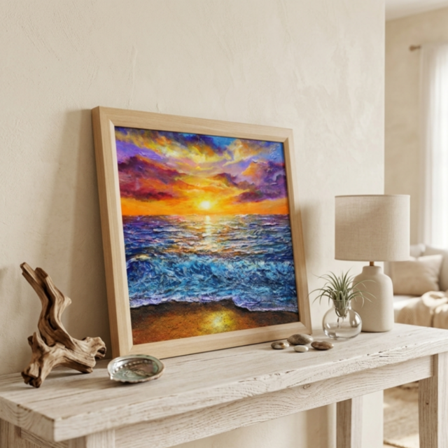 黄金色に輝く海と空の夕景 油絵 原画 色紙(サイズ) 【いつか見た黄金色