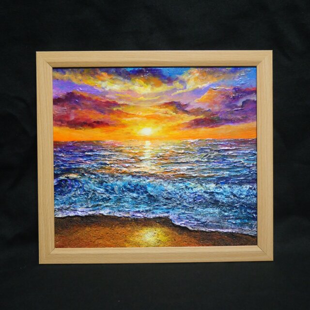 黄金色に輝く海と空の夕景 油絵 原画 色紙(サイズ) 【いつか見た黄金色