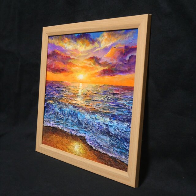 黄金色に輝く海と空の夕景 油絵 原画 色紙(サイズ) 【いつか見た黄金色