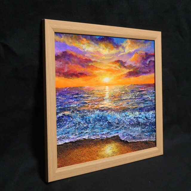 黄金色に輝く海と空の夕景 油絵 原画 色紙(サイズ) 【いつか見た黄金色