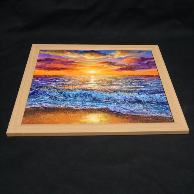 黄金色に輝く海と空の夕景 油絵 原画 色紙(サイズ) 【いつか見た黄金色