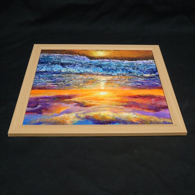 黄金色に輝く海と空の夕景 油絵 原画 色紙(サイズ) 【いつか見た黄金色