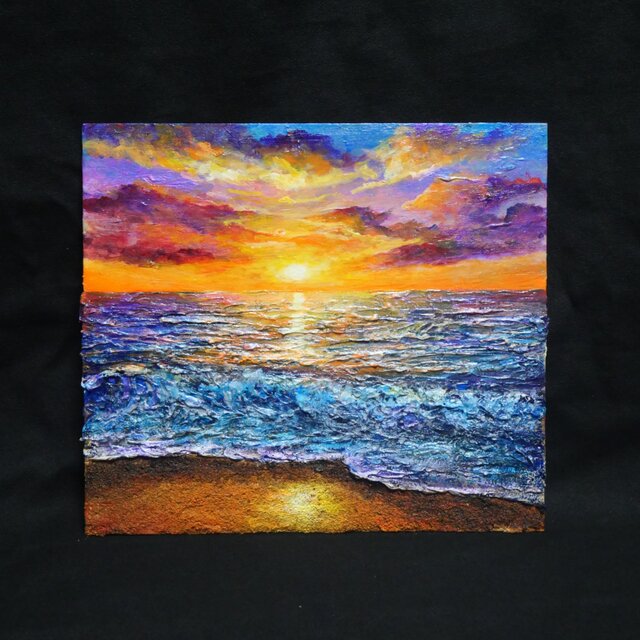 黄金色に輝く海と空の夕景 油絵 原画 色紙(サイズ) 【いつか見た黄金色