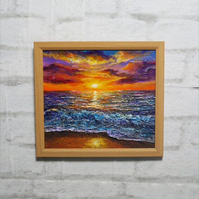 黄金色に輝く海と空の夕景 油絵 原画 色紙(サイズ) 【いつか見た黄金色