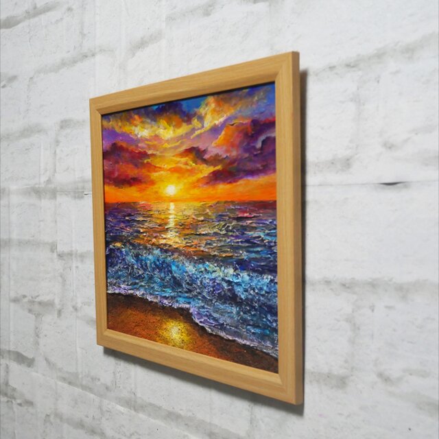 黄金色に輝く海と空の夕景 油絵 原画 色紙(サイズ) 【いつか見た黄金色