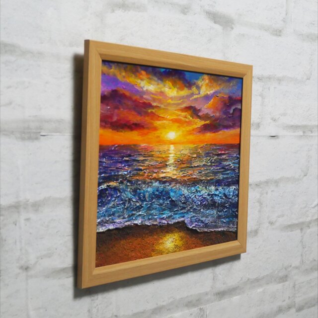 黄金色に輝く海と空の夕景 油絵 原画 色紙(サイズ) 【いつか見た黄金色