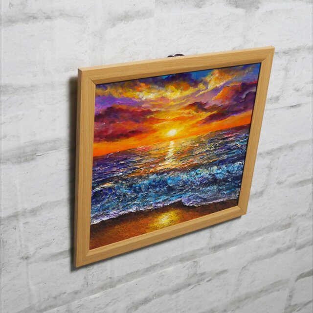 黄金色に輝く海と空の夕景 油絵 原画 色紙(サイズ) 【いつか見た黄金色