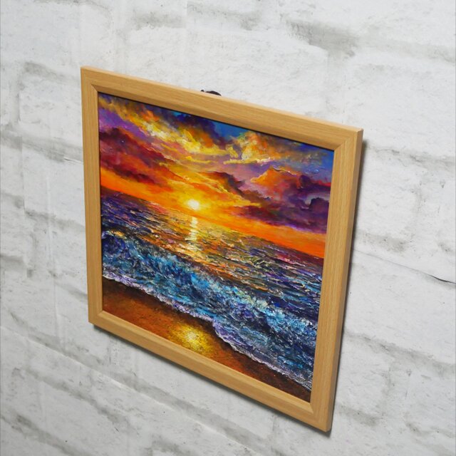 黄金色に輝く海と空の夕景 油絵 原画 色紙(サイズ) 【いつか見た黄金色