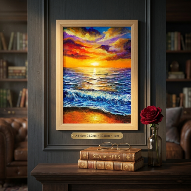 油絵 原画【明日への約束 〜凪の調べ〜】海 夕日 風景画 A4 額縁付