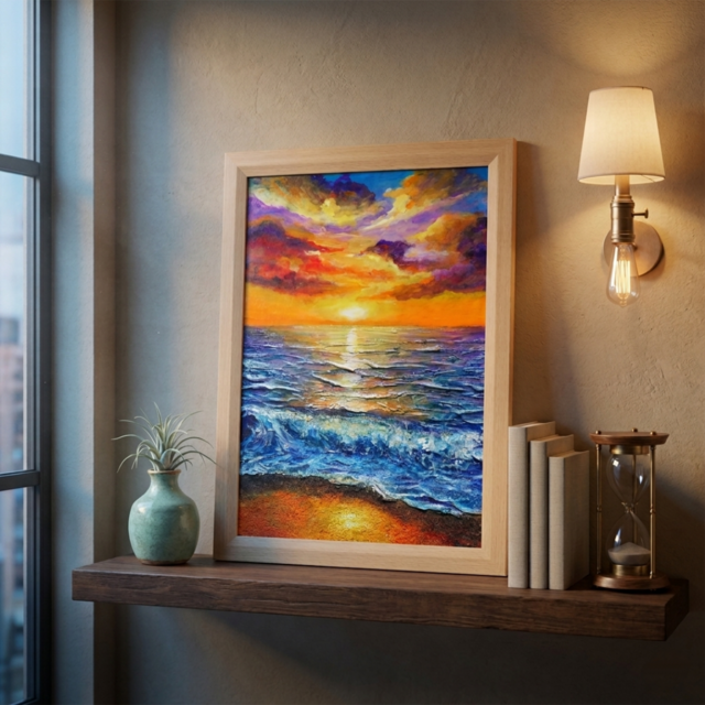 油絵 原画【明日への約束 〜凪の調べ〜】海 夕日 風景画 A4 額縁付