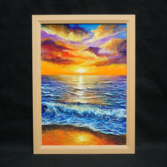 油絵 原画【明日への約束 〜凪の調べ〜】海 夕日 風景画 A4 額縁付