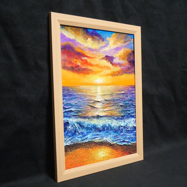 油絵 原画【明日への約束 〜凪の調べ〜】海 夕日 風景画 A4 額縁付