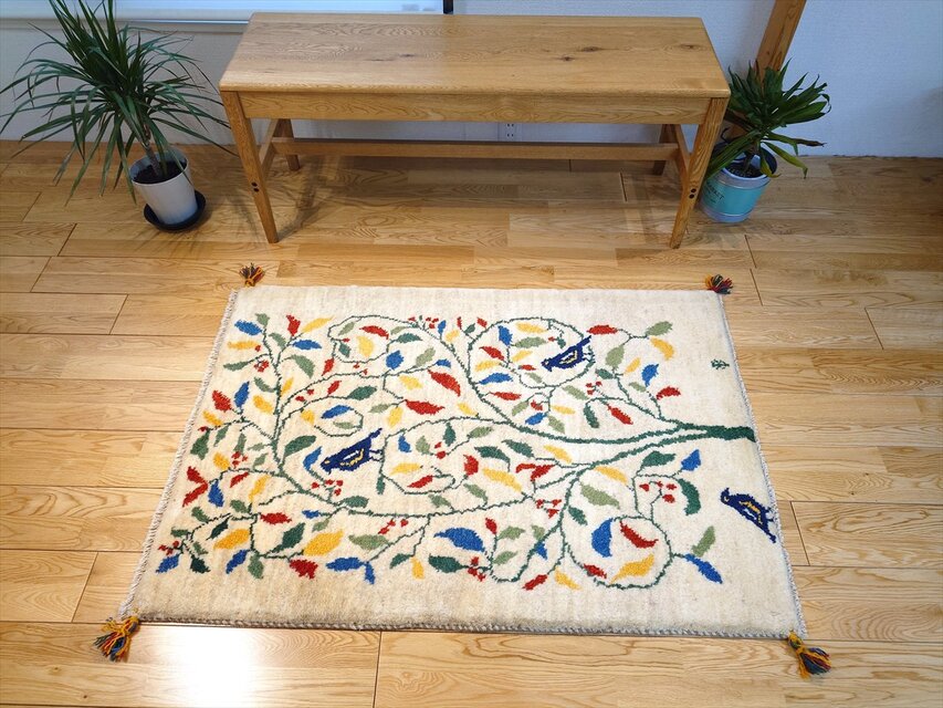 ペルシャ ギャッベ マット大 ラグ 118x80cm 鳥 蔦 ベージュ RJ15313