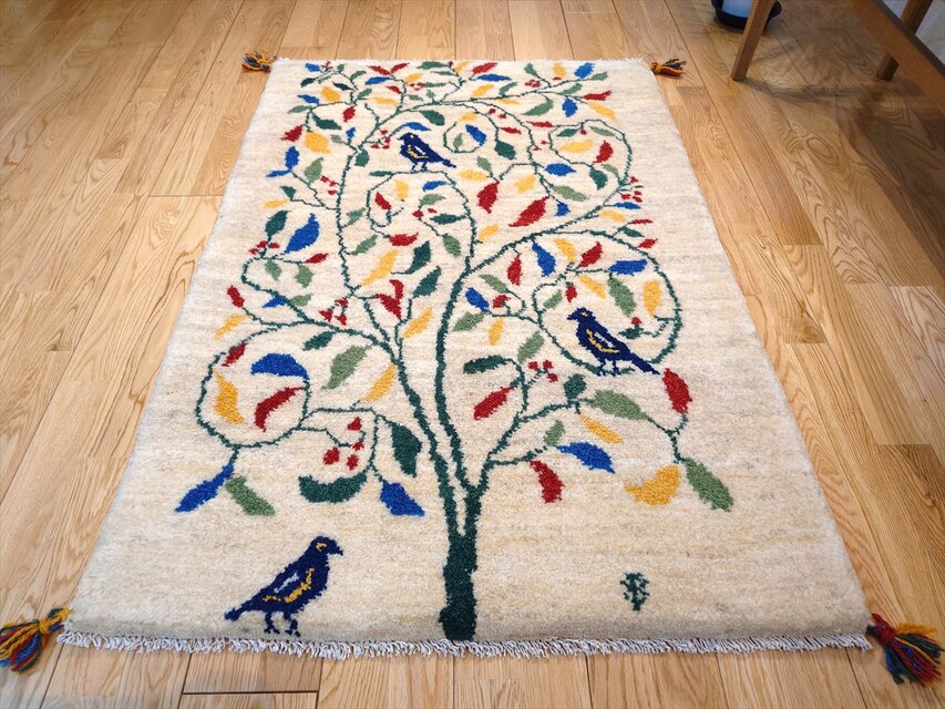 ペルシャ ギャッベ マット大 ラグ 118x80cm 鳥 蔦 ベージュ RJ15313