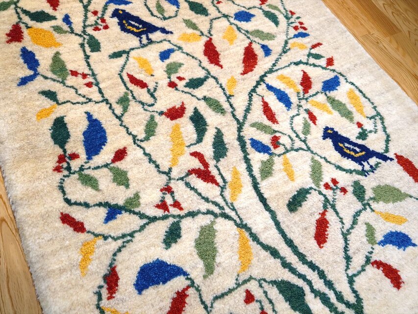ペルシャ ギャッベ マット大 ラグ 118x80cm 鳥 蔦 ベージュ RJ15313