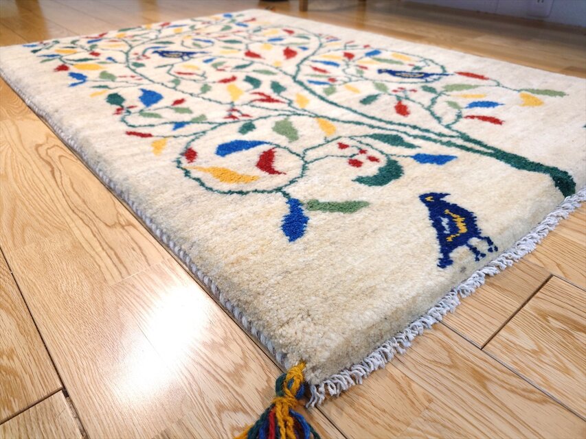 ペルシャ ギャッベ マット大 ラグ 118x80cm 鳥 蔦 ベージュ RJ15313