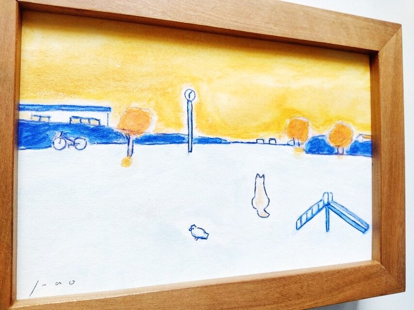 受注制作【原画・水彩画】 「夕焼け空」※木製額縁入り（2Lサイズ）犬